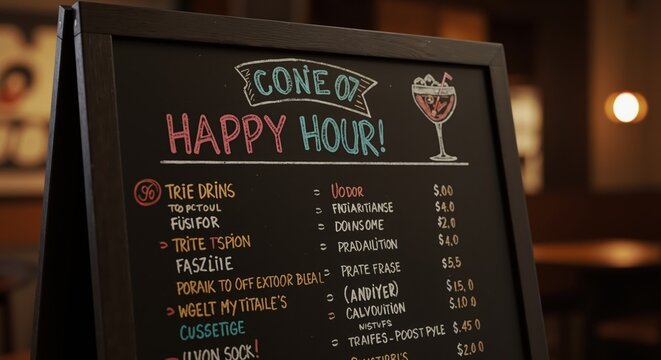 Restaurant chalkboard menu displaying happy hour specials  