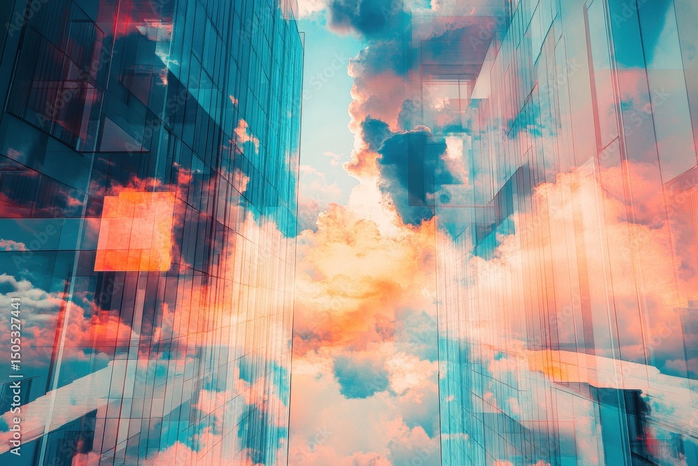 Poster data processing visualization with vibrant clouds amidst urban skyscrapers, data processing over sky