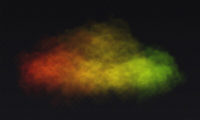Smoke colorful red yellow green cloud on black transparent background. Fog vector effect
