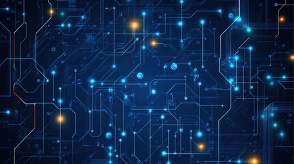 Abstract digital circuitry, glowing nodes and lines on dark blue background