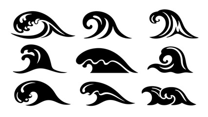 Set of sea wave silhouette isolated on white background.
