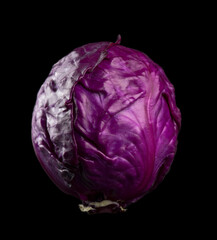 Red cabbage, whole head of cabbage isolated on black background. Eco vegetables,  one bio violet cabbage, vegan food, heathy eating concept. 