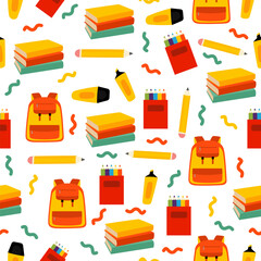 School Supplies Seamless Pattern – Cute Cartoon Style Education Background