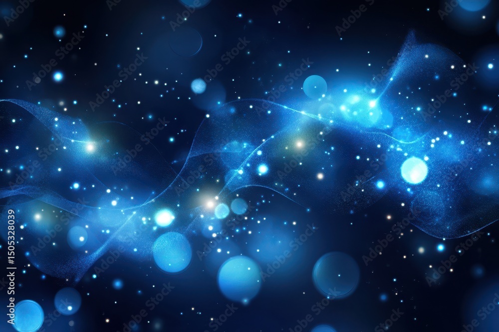 Poster Dynamic movement of particles in a dark blue abstract background creating a mesmerizing visual experience, Abstract blue rotating background with sunrays and moving particles