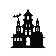 Spooky halloween haunted castle silhouette with bat for festive decorations
