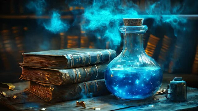 video of A collection of spellbooks and a blue magic potion with swirling smoke. Mana elixir. The concept of magic and wizardry