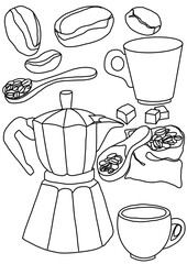 Coffee Line Art Clipart, Moka Pot, Cups, Beans and Spoons