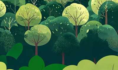 Stylized green forest with trees of different shades and shapes - Powered by Adobe