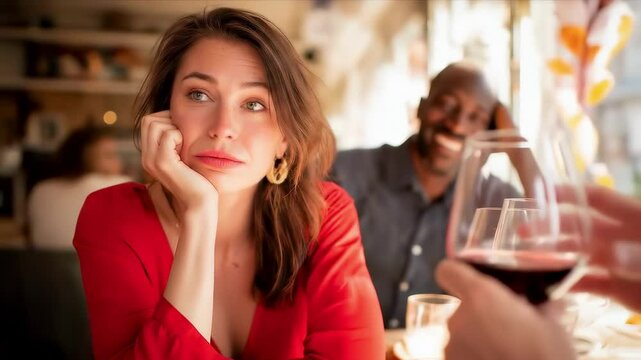 Young woman and man sitting at restaurant table, woman looking bored while man smiles &ndash; dating, communication, relationship concept
