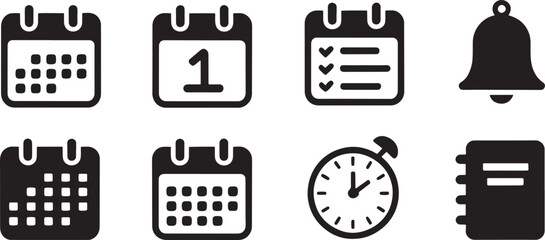 Collection of black and white icon set of calendar clock notification and agenda symbols