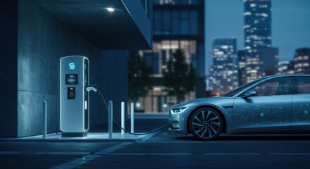 Electric Vehicle Charging at Night with Cityscape Background