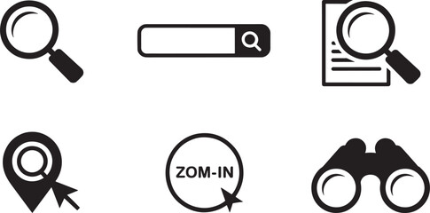 Collection of searching icons depicting research exploration discovery and zooming