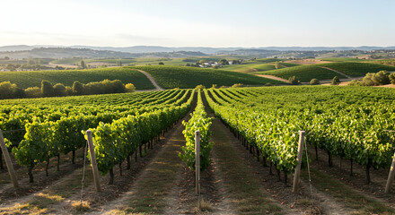 Fototapeta premium Vineyard Rows Stretching Into Green Hills Landscape