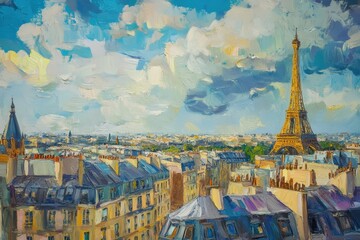 Explore Parisian rooftops with a stunning view of the Eiffel Tower under a vibrant sky, Top view of the Parisian rooftops and the Eiffel Tower
