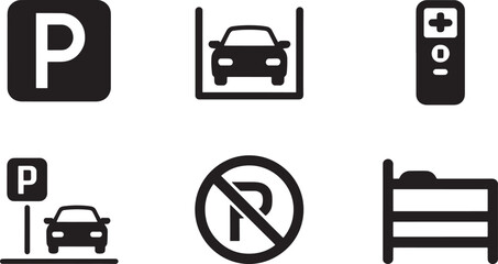 Set of minimalist black and white icons illustrating parking remote control and bed
