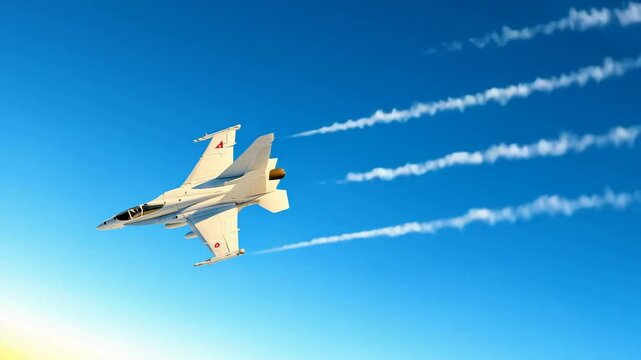 Jet fighter soaring in dynamic sky with streaked clouds at high altitude.