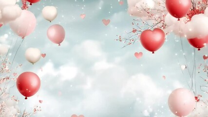 Dreamy sky with pink, red heart-shaped balloons, white clouds, and delicate blossoms, evoking romance and celebration - Powered by Adobe