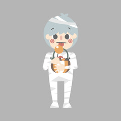 happy halloween holiday festival with boy wearing mummy costume holding candy sweet pumpkin basket , flat vector illustration cartoon character costume design