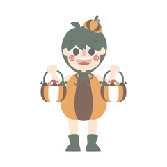 happy halloween holiday festival with boy wearing pumpkin costume , flat vector illustration cartoon character costume design