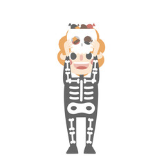 happy halloween holiday festival with boy wearing skeleton costume, flat vector illustration cartoon