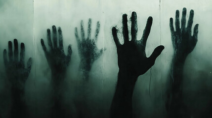Fogged glass with eerie zombie hands reaching out — spooky silhouette background for horror designs, escape room posters, thriller book covers, and Halloween visuals

