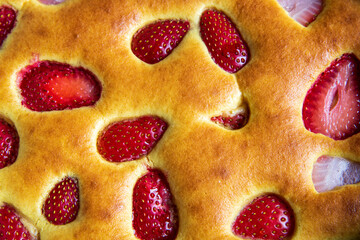 Cake with strawberry close up look.