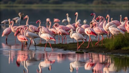 Naklejka premium Group of flamingo like birds standing near water with vivid pink and white feathers under soft natural sunlight