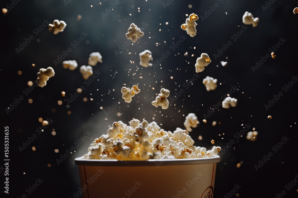 Poster popcorn falling in slow motion into a bucket creates an enticing snack experience, popcorn falling i