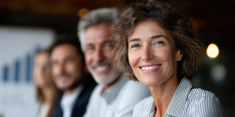 Obraz premium Confident business professionals smiling at a meeting, with a focus on a woman in the foreground.