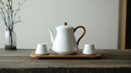 Fototapeta premium Elegant white ceramic teapot with wooden handle and matching containers, presented on a wooden tray