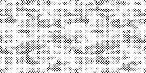 Abstract halftone camouflage pattern background. Classic clothing style masking camo repeat print. Monochrome camo texture.