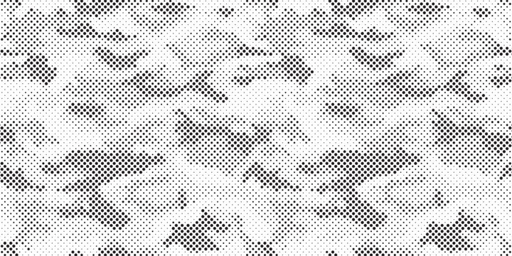 Abstract halftone camouflage pattern background. Classic clothing style masking camo repeat print. Monochrome camo texture.