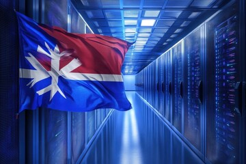 Samoa flag displayed in a modern server room showcasing technological infrastructure, flag of samoa over server room