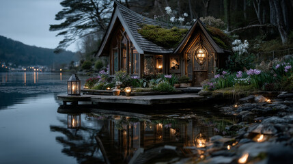 Tiny fairytale gnome magic house made of wood with grass covered roof, little door and window, and hanging lantern. Cartoon vector small fantastic elf or dwarf hut with on shore of lake in forest.