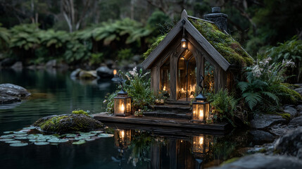 Tiny fairytale gnome magic house made of wood with grass covered roof, little door and window, and hanging lantern. Cartoon vector small fantastic elf or dwarf hut with on shore of lake in forest.