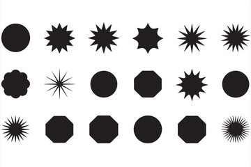 A Set of 20 Black Silhouettes Featuring Different Shapes, Stars, and Geometric Icons