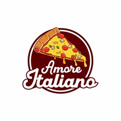 This logo features a delicious slice of pizza with melted cheese, pepperoni, mushrooms, bell peppers, and basil leaves, placed over a round dark red background. 