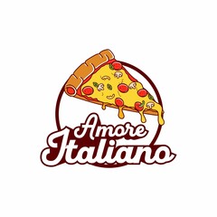 This logo features a delicious slice of pizza with melted cheese, pepperoni, mushrooms, bell peppers, and basil leaves, placed over a round dark red background. 