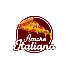 This logo features a delicious slice of pizza with melted cheese, pepperoni, mushrooms, bell peppers, and basil leaves, placed over a round dark red background. 