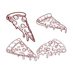 This logo features a delicious slice of pizza with melted cheese, pepperoni, mushrooms, bell peppers, and basil leaves, placed over a round dark red background. 