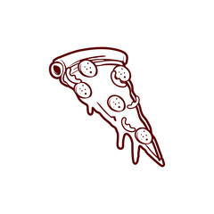 This logo features a delicious slice of pizza with melted cheese, pepperoni, mushrooms, bell peppers, and basil leaves, placed over a round dark red background. 