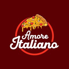 This logo features a delicious slice of pizza with melted cheese, pepperoni, mushrooms, bell peppers, and basil leaves, placed over a round dark red background. 