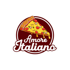 This logo features a delicious slice of pizza with melted cheese, pepperoni, mushrooms, bell peppers, and basil leaves, placed over a round dark red background. 