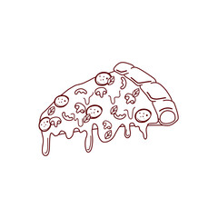 This logo features a delicious slice of pizza with melted cheese, pepperoni, mushrooms, bell peppers, and basil leaves, placed over a round dark red background. 