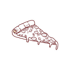 This logo features a delicious slice of pizza with melted cheese, pepperoni, mushrooms, bell peppers, and basil leaves, placed over a round dark red background. 