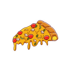 This logo features a delicious slice of pizza with melted cheese, pepperoni, mushrooms, bell peppers, and basil leaves, placed over a round dark red background. 