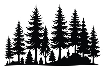 Fototapeta premium Silhouette of a Forest with Evergreen Trees and Bushes on White