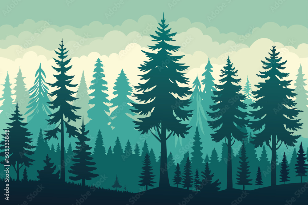 Wall mural silhouette of a coniferous forest with a cloudy sky background in vector