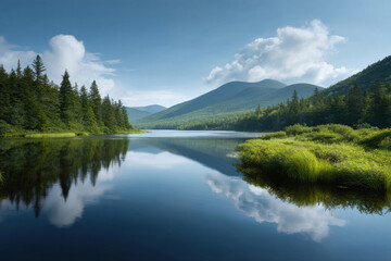 Fototapeta premium serene lake nestled in mountains of vermont reflecting fluffy clouds in its calm waters