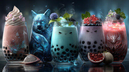 Bubble tea cups set isolated on white background. Vector cartoon illustration of cool boba beverages with fresh mint, cherry, orange, decorated with whipped cream, fruit and straw, cafe menu icons